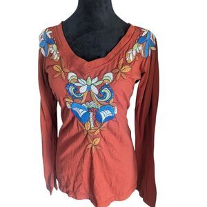 Johnny Was Embroidered Floral "Love Life" Boho Top V-Neck Rust Large